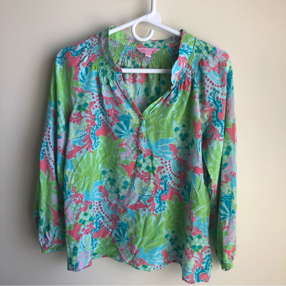 Lilly Pulitzer 100% silk long sleeve multi colored blouse. Size 4 (small).